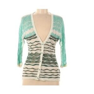 Anthropologie Charlie &‎ Robin S Teal Linen Blend Open Knit Cardigan Boho Stripe